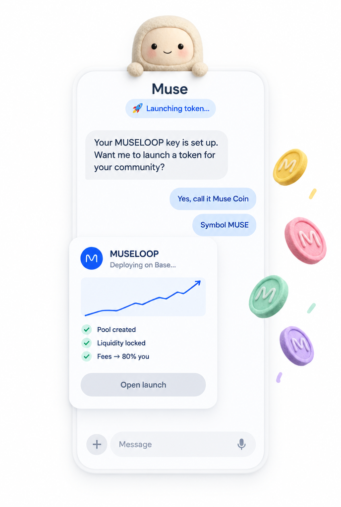A Muse chat: Muse offers to launch a token, the user says yes, and a MUSELOOP card shows the pool created, liquidity locked and 80% of fees to the creator